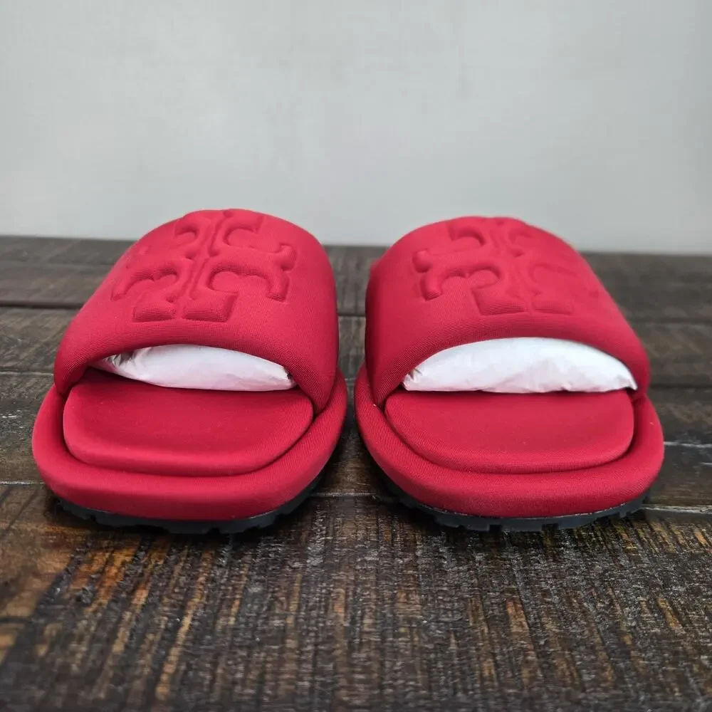 NEW Tory Burch Double T Sport Slides Womens Size 6 Big Logo Sandal Flip Flop Red